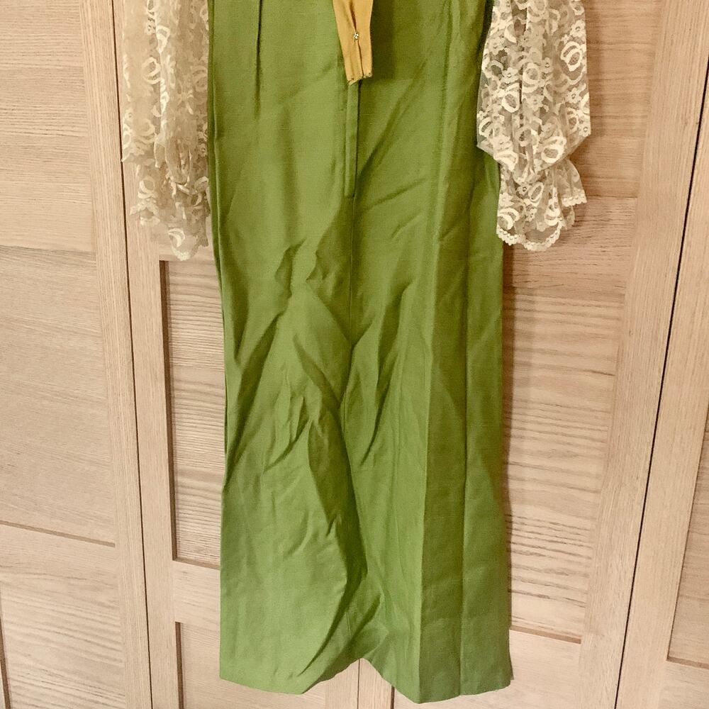 Vintage Green Maxi Dress with Satin Bow Belt 1970s Cream Lace Formal Dress - Picture 8 of 11